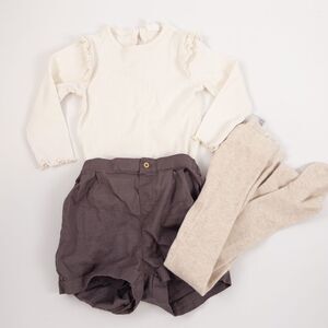 H&M 3-Piece‎ Set Long Sleeve Tee Linen Shorts Knit Tights Cream Purple Sz 18m